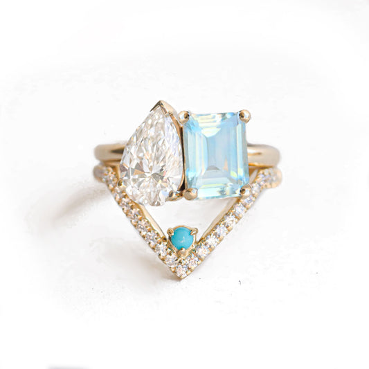 Custom Aquamarine & Lab-Created Pear Diamond Moi et Toi Ring Set