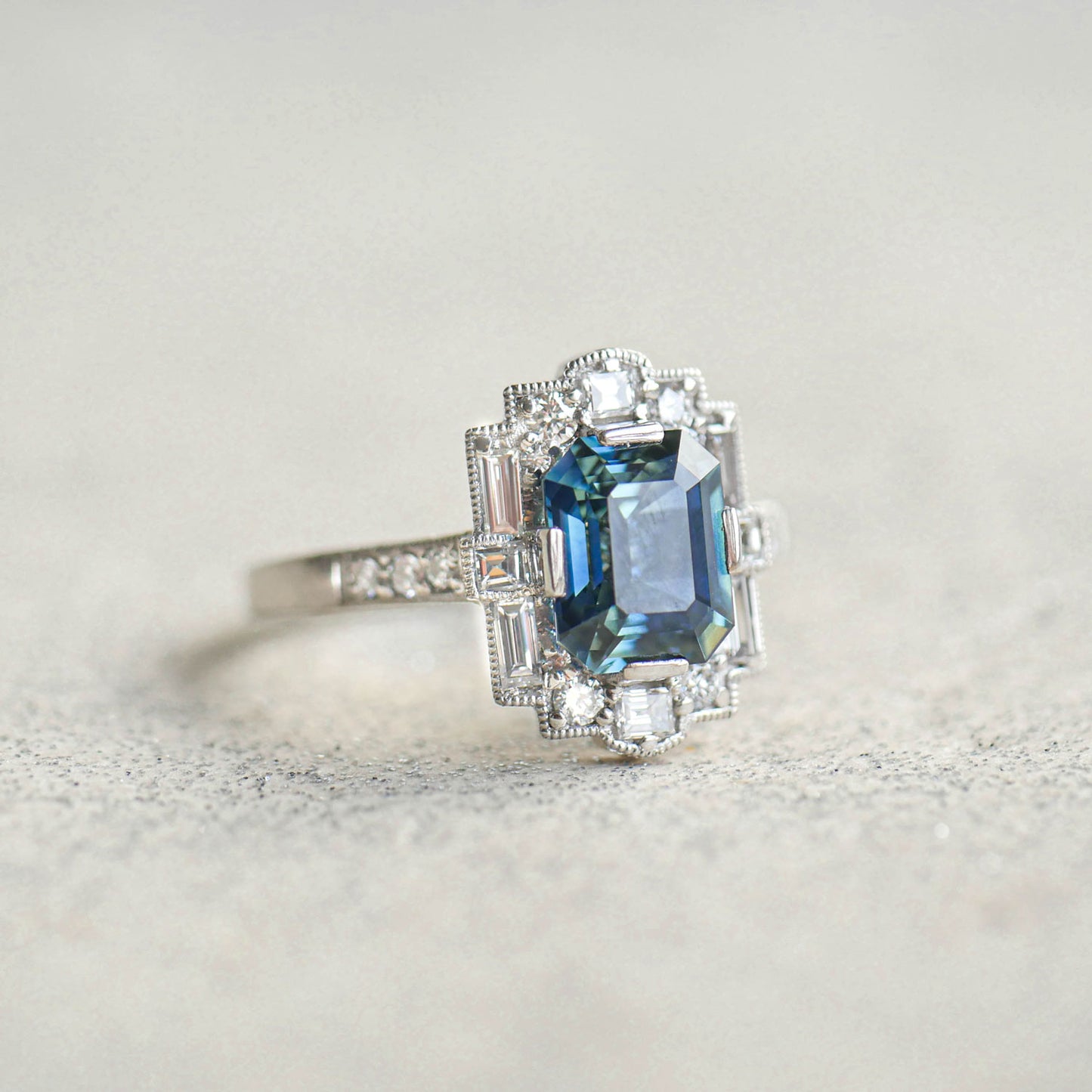 Emerald Cut Teal Sapphire Deco Halo Engagement Ring