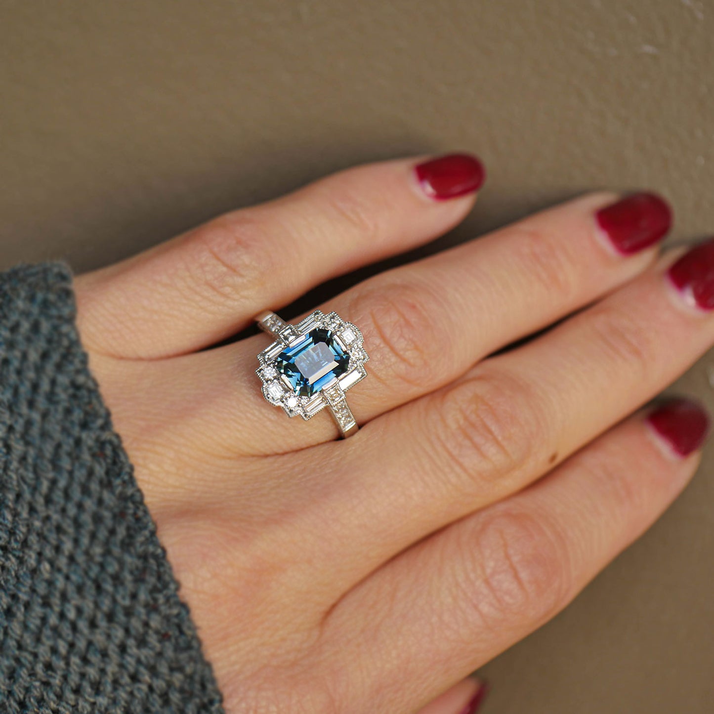 Emerald Cut Teal Sapphire Deco Halo Engagement Ring