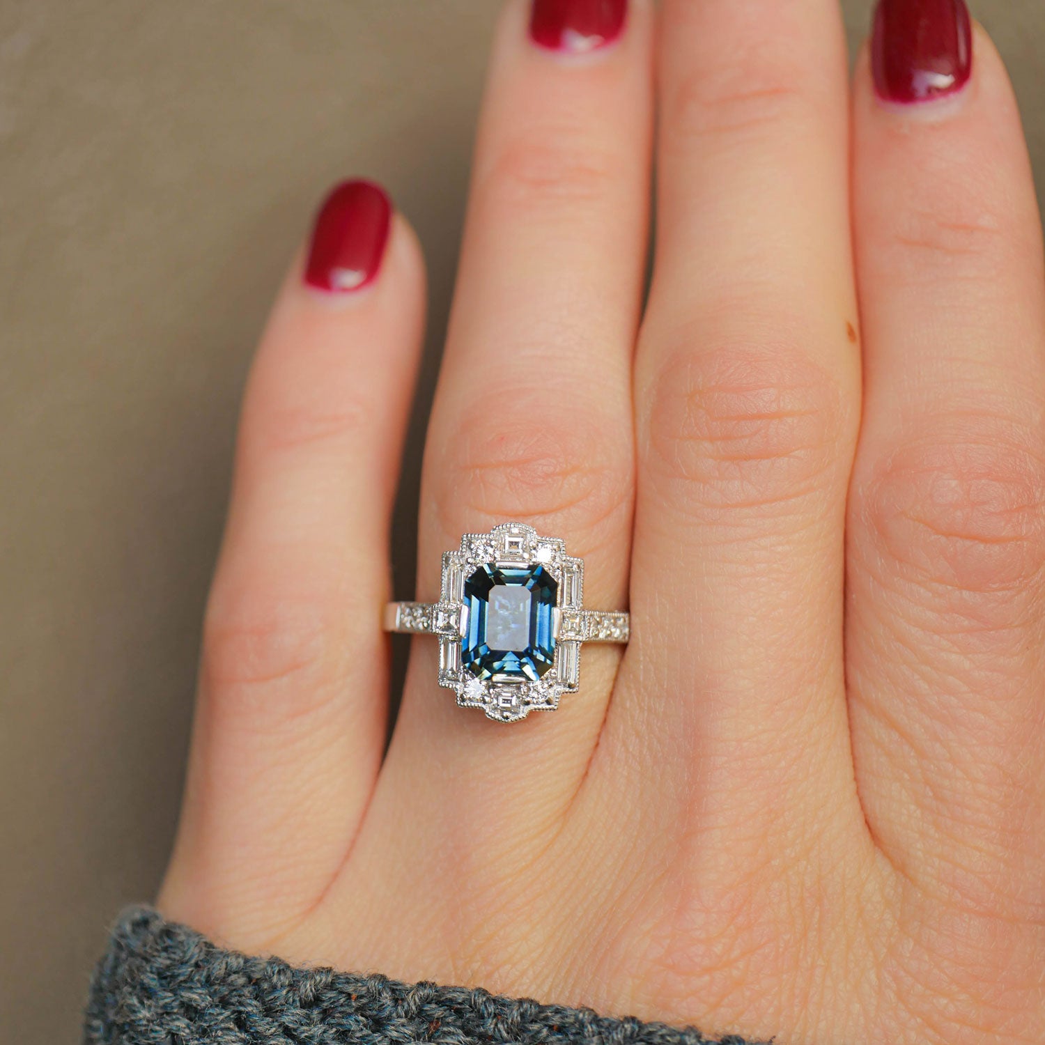 The Caitlin Cushion Lab Grown Sapphire Engagement Ring Diamond Halo