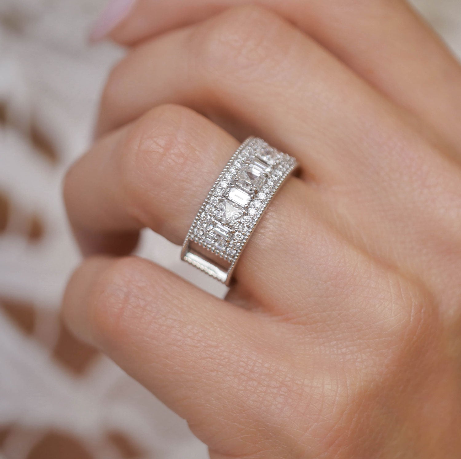Asscher Cut Wide Diamond Mosaic Ring