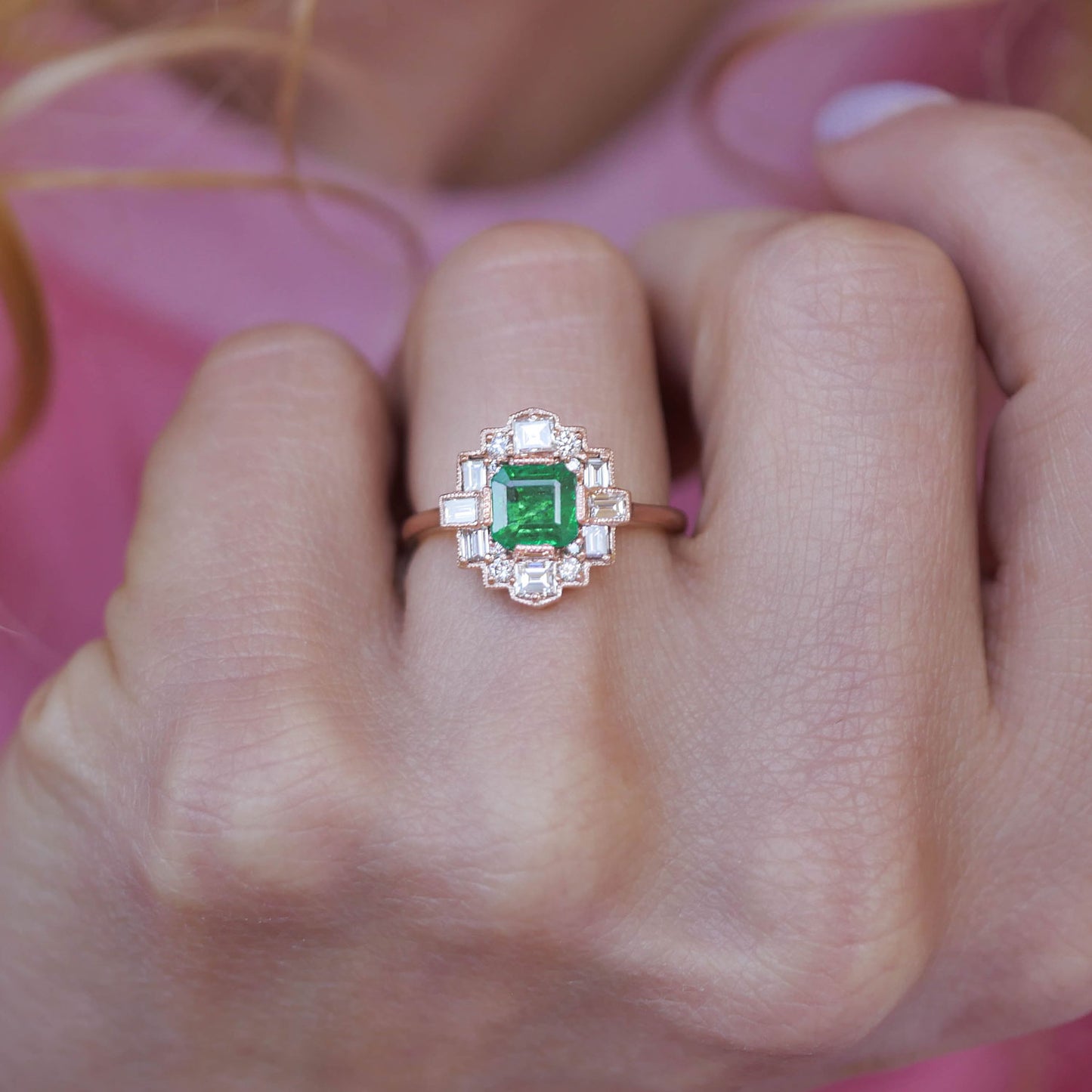 Custom Deco Asscher Diamond Mosaic Ring with Emerald