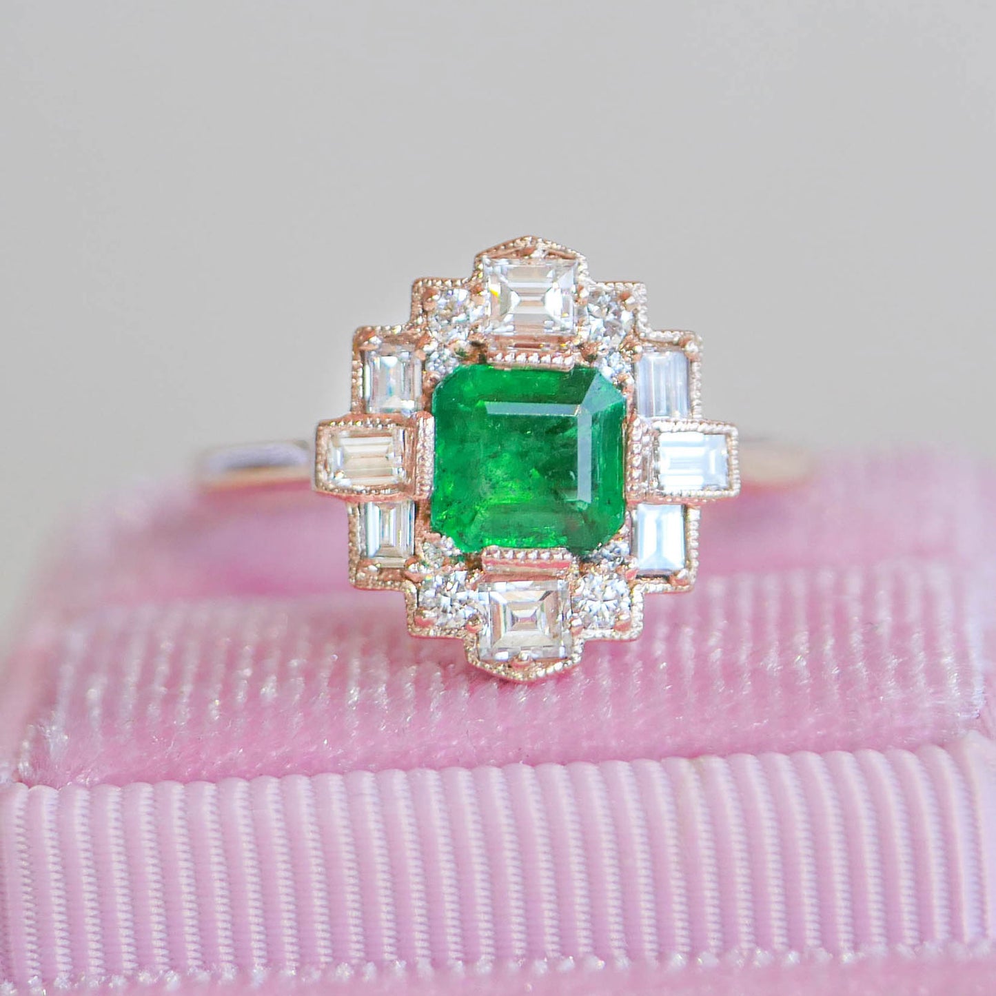 Custom Deco Asscher Diamond Mosaic Ring with Emerald