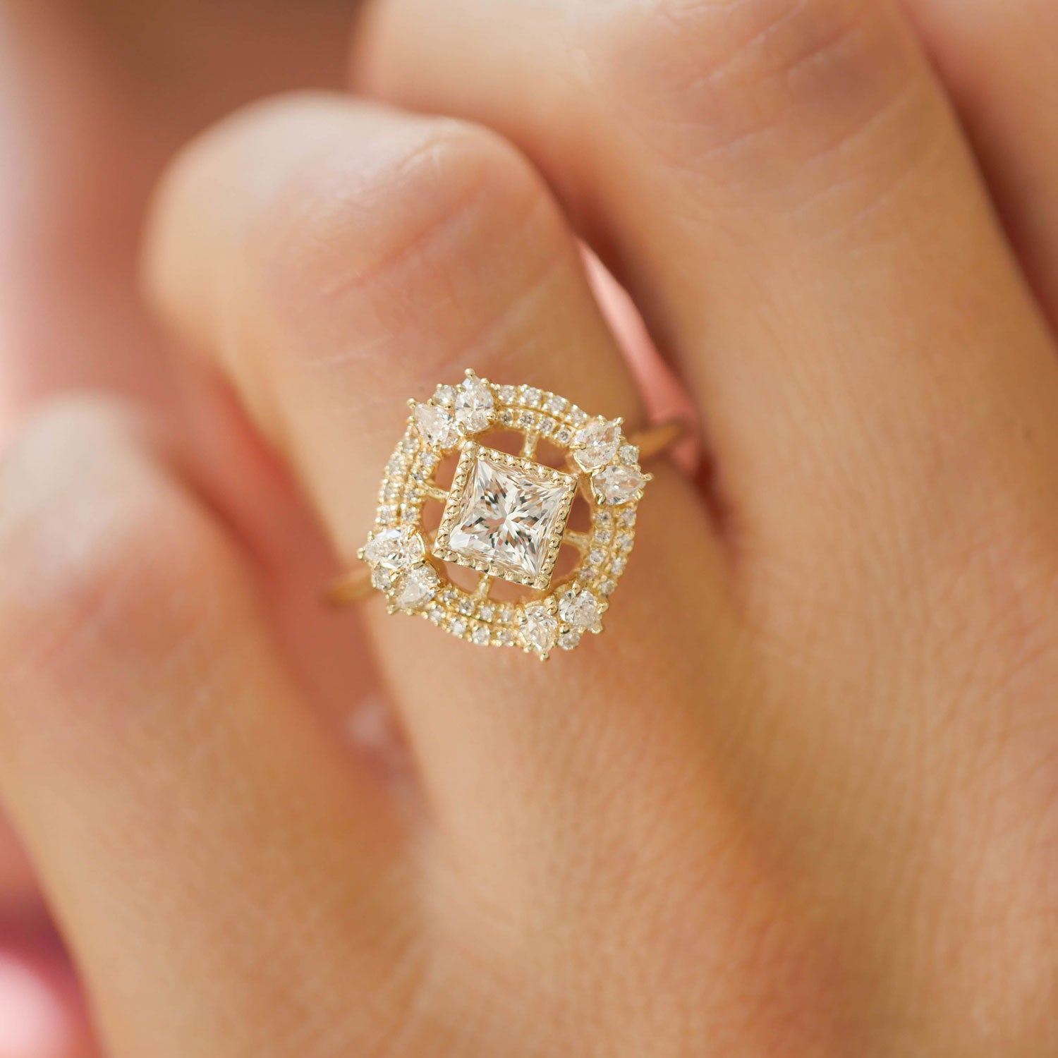 Princess Cut Halo Set Diamond Engagement Ring – SEA Wave Diamonds