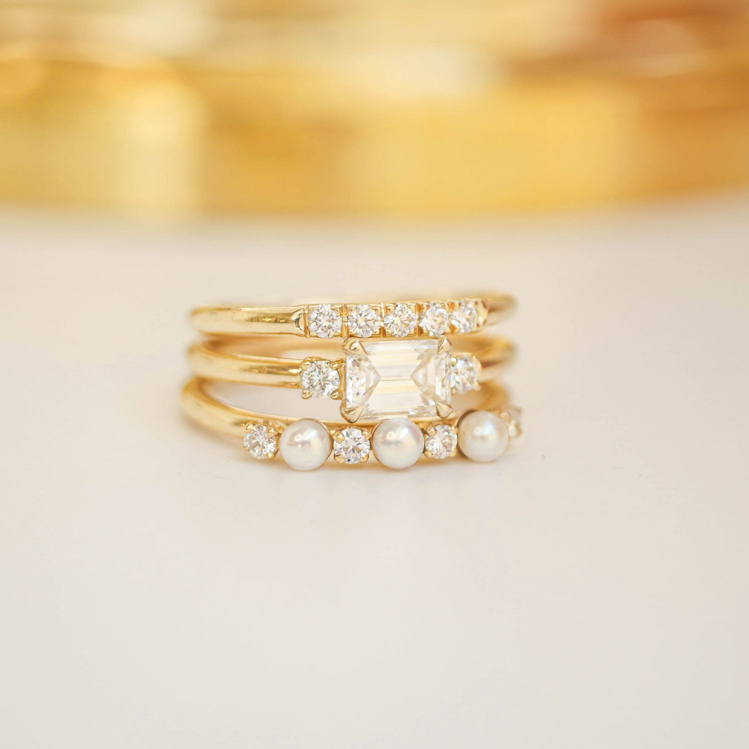 2mm Pearl & Diamond Delicate Stacking Ring Set | Berlinger Jewelry 14K Yellow Gold / 9 | Female by Berlinger Jewelry
