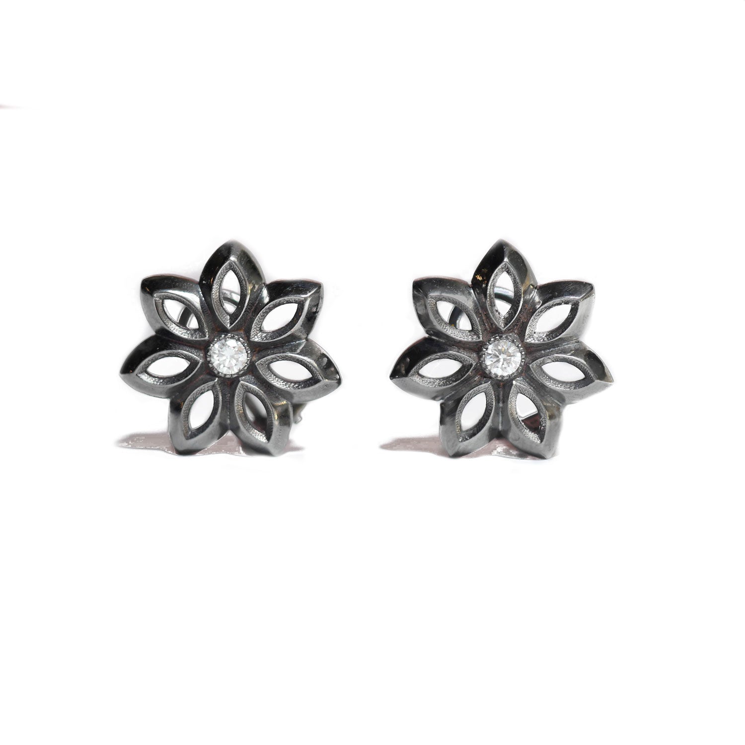 Black Rhodium Diamond Flower Earrings