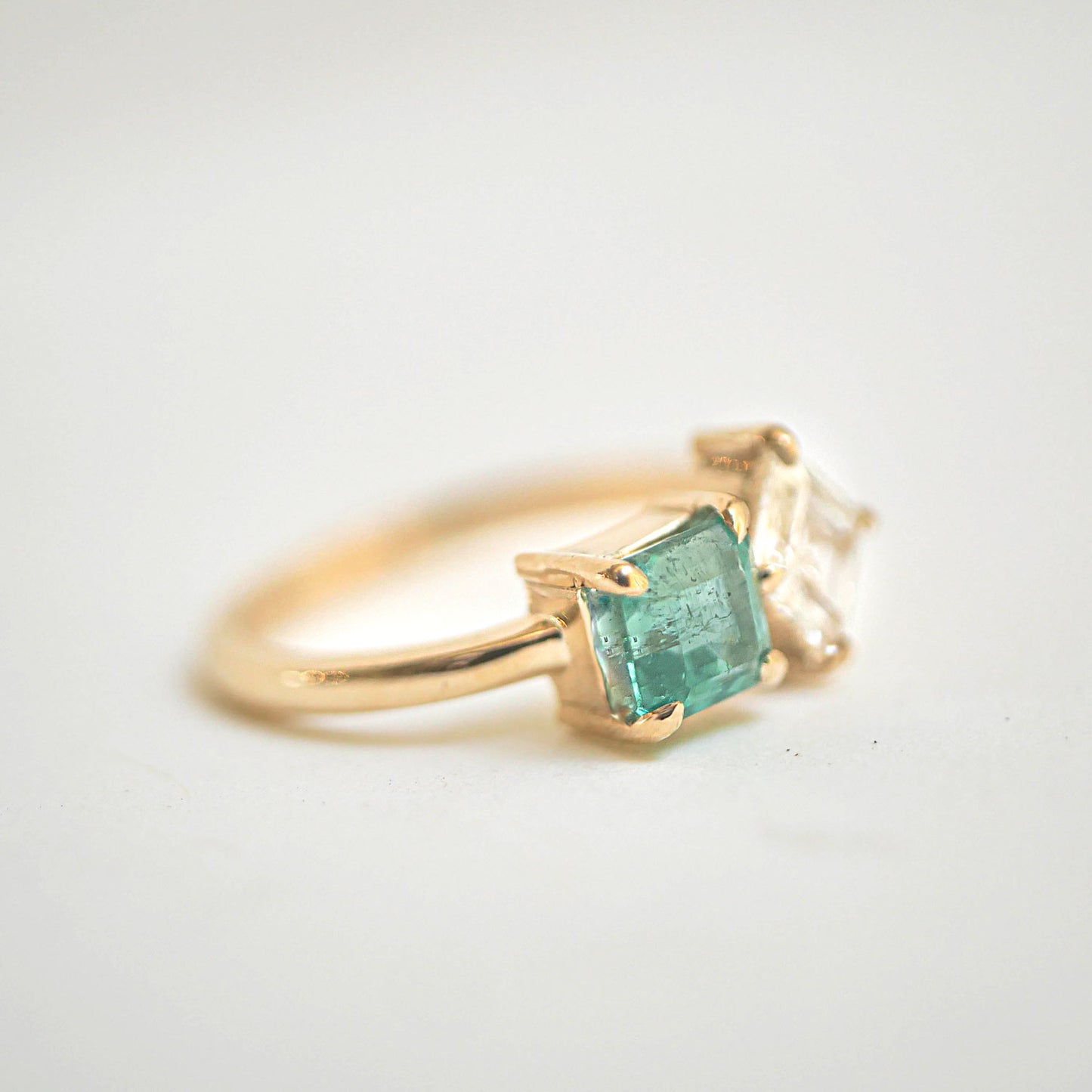 Emerald & Lozenge Diamond Toi et Moi Ring