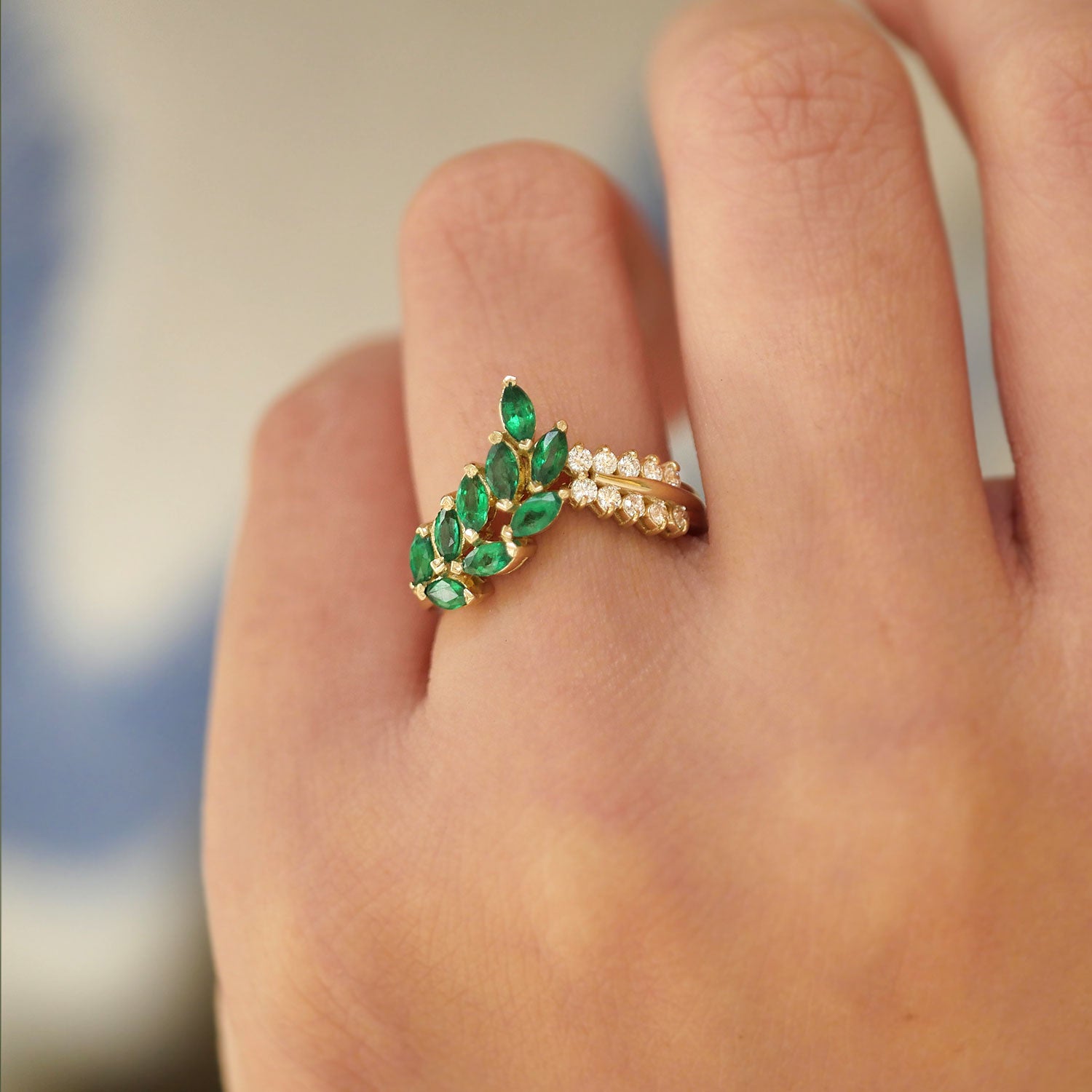 Emerald & Diamond Leaf Ring