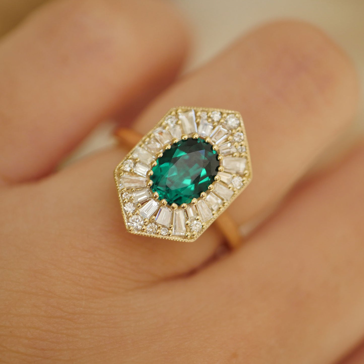 Elongated Hexagon Oval Emerald Ballerina Diamond Mosaic Ring