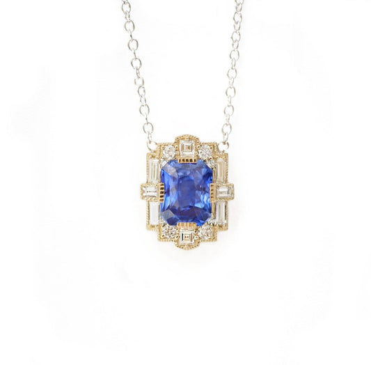Custom Deco Emerald Cut Sapphire Diamond Mosaic Pendant