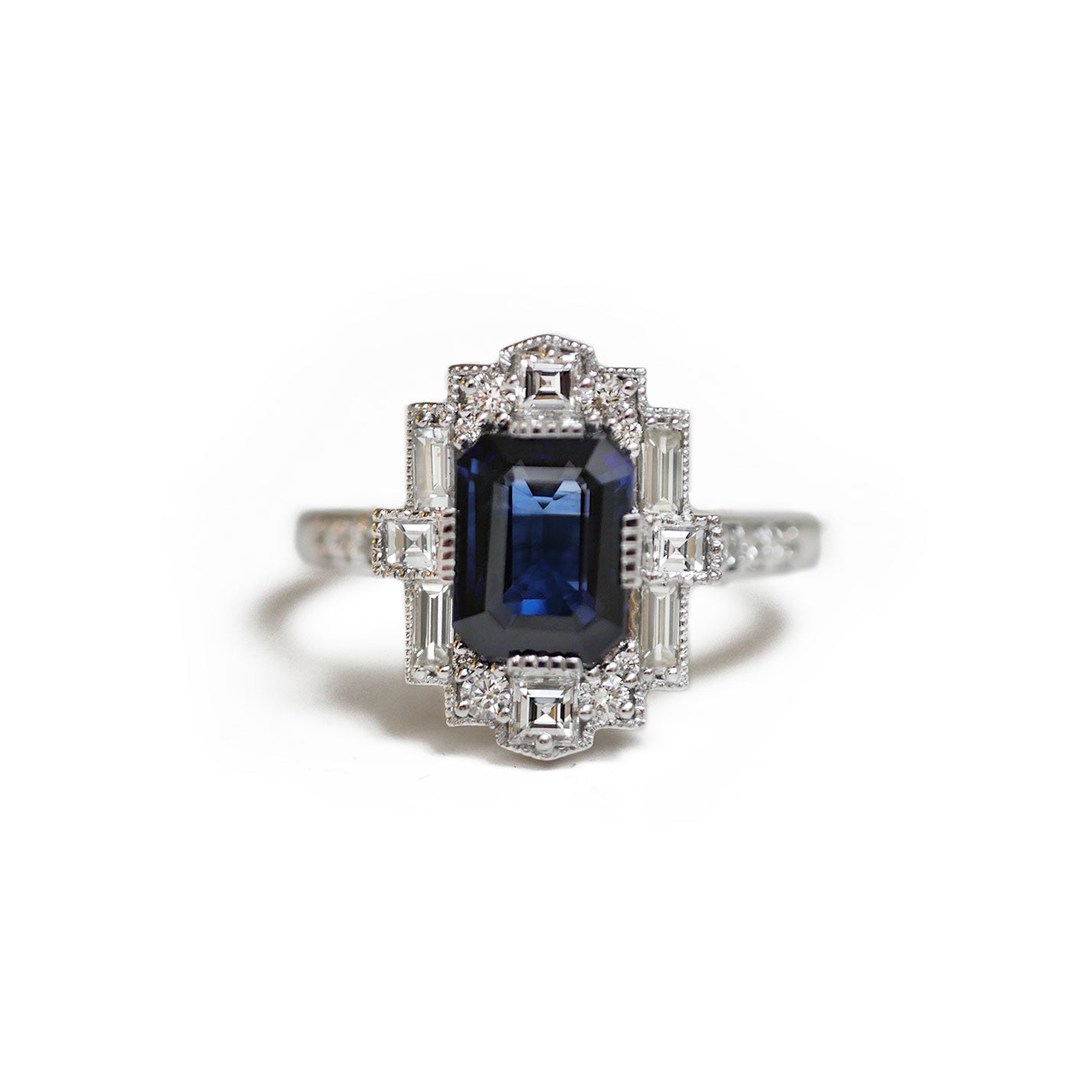 Dark Blue Emerald Cut Sapphire Deco Halo Engagement Ring