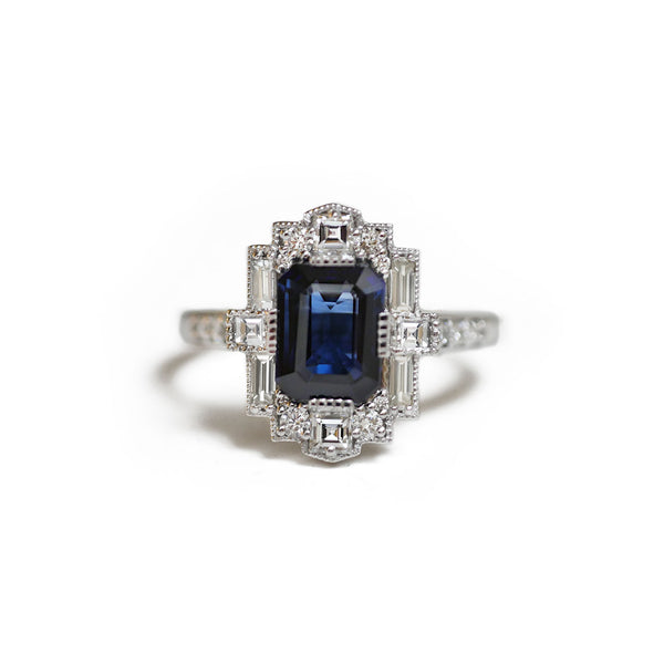 Dark Blue Emerald Cut Sapphire Halo Engagement Ring Berlinger