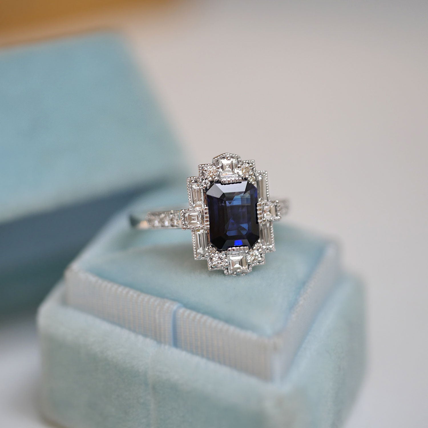 Emerald cut blue diamond ring Clearance