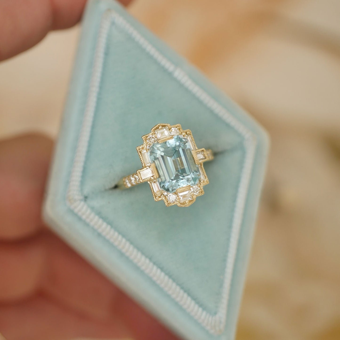 Deco Emerald Cut Aquamarine Diamond Mosaic Ring