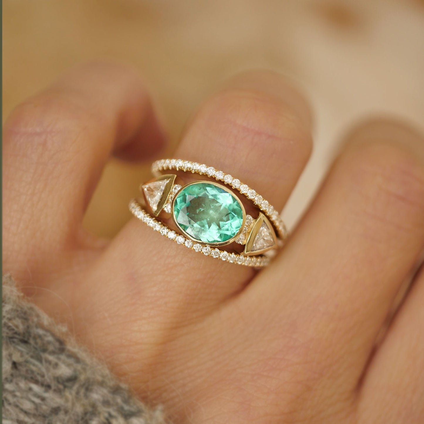 Oval Emerald & Trillion Diamond Stacking Ring Set