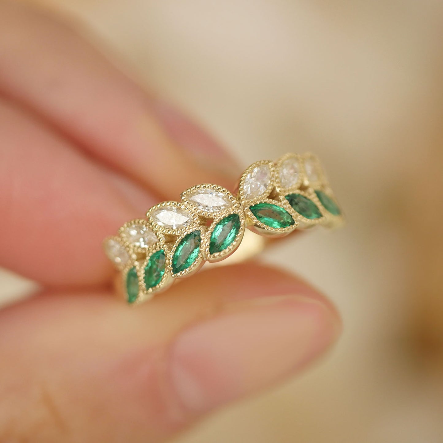 Marquise Emerald & Diamond Falling Leaf Band Ring