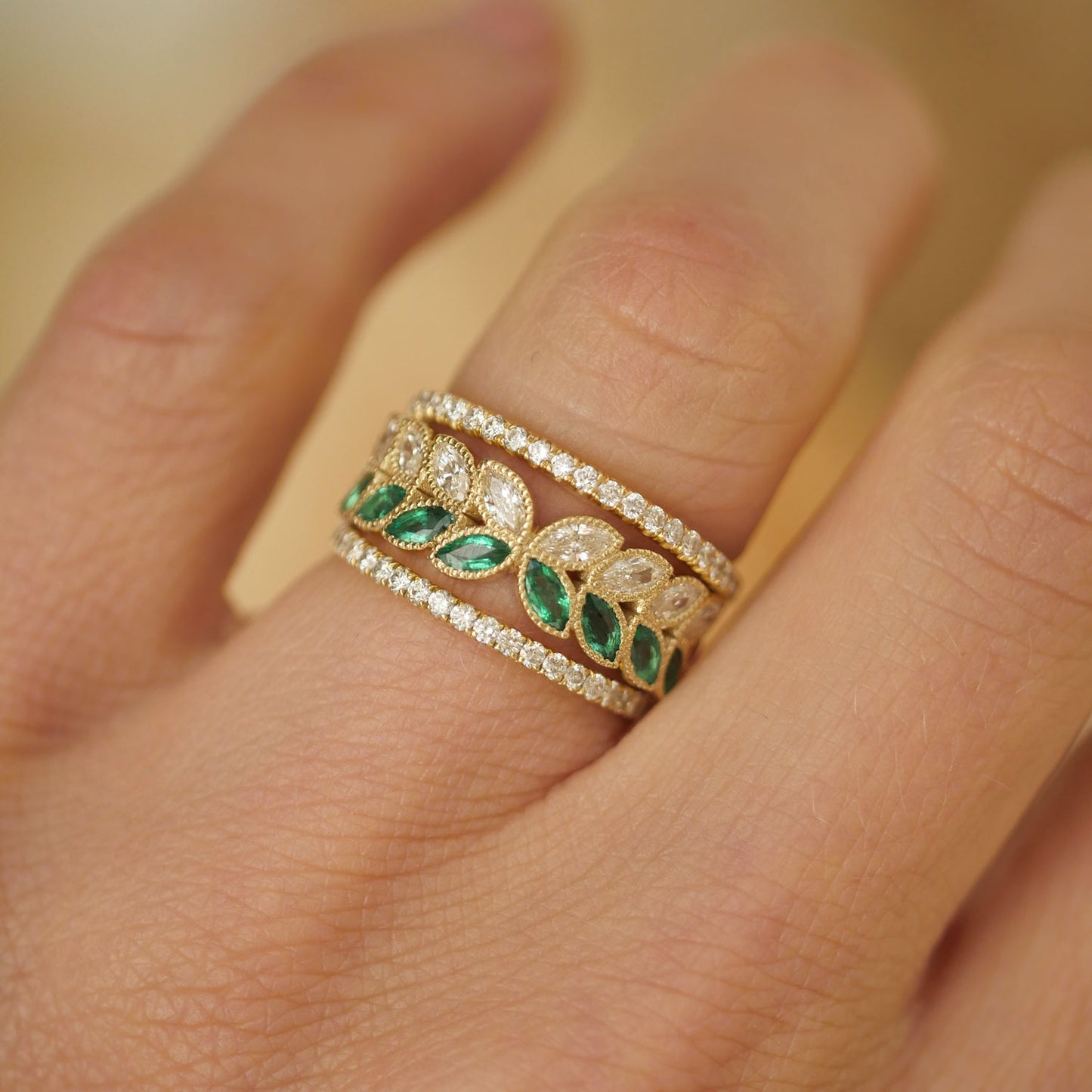 Marquise Emerald & Diamond Falling Leaf Band Ring