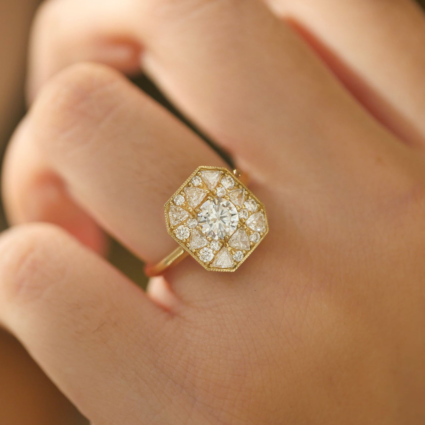 Round & Trillion Emerald Shape Diamond Mosaic Ring