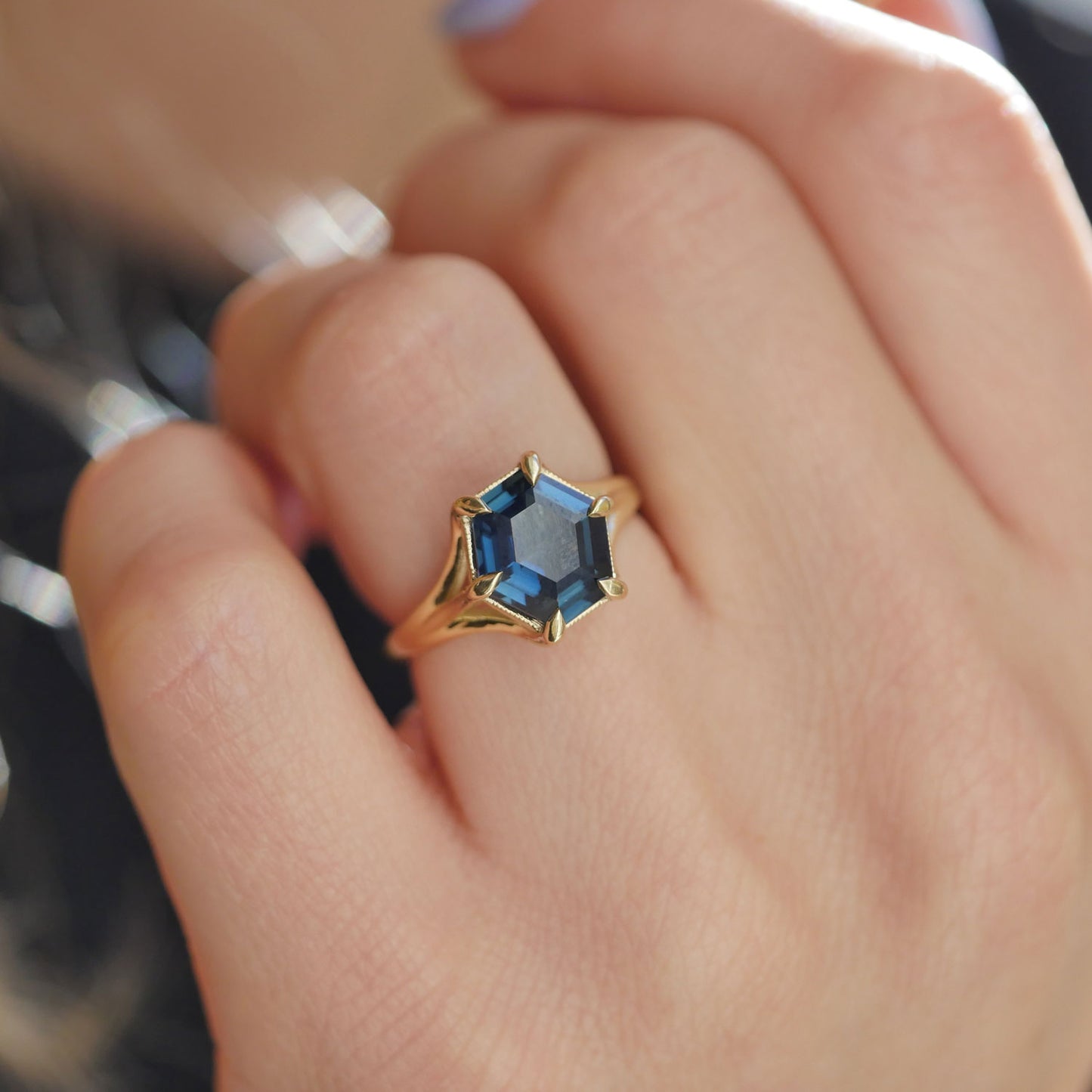 Lozenge Teal Sapphire Solitaire Ring