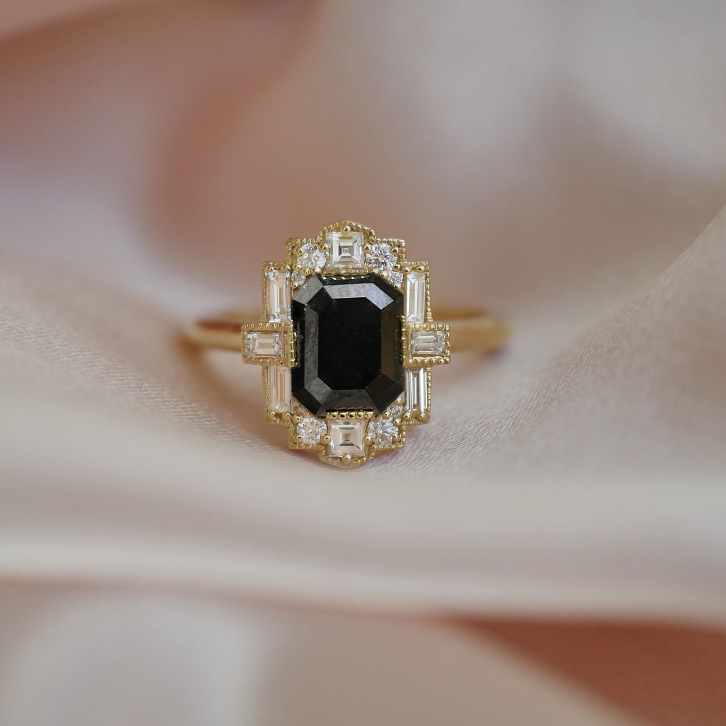 Emerald Cut Black Diamond Deco Halo Diamond Ring