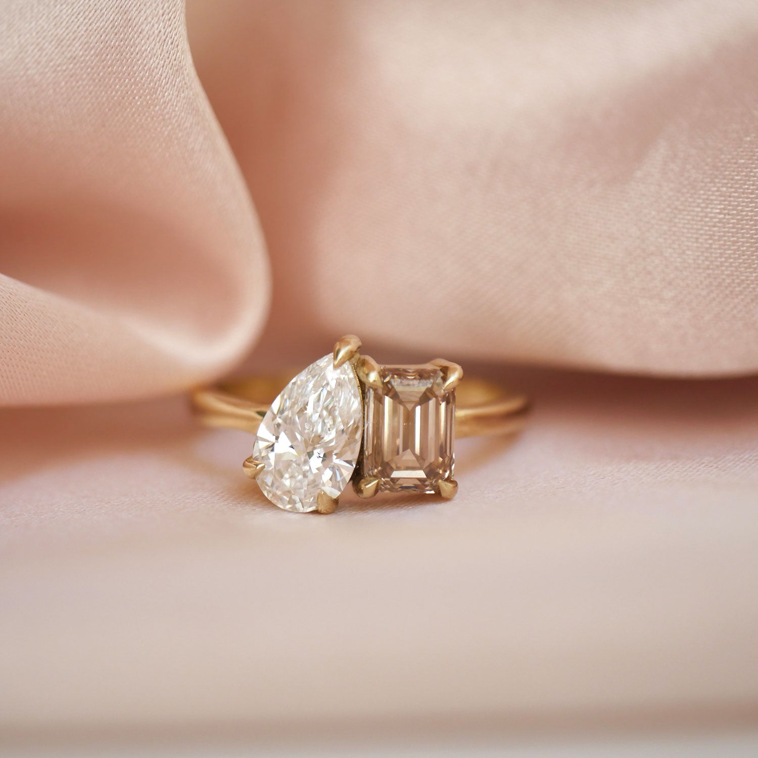 Pear & Champagne Emerald  Diamond Toi et Moi Ring