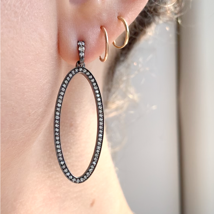 Black Rhodium Diamond Oval Drop Earrings
