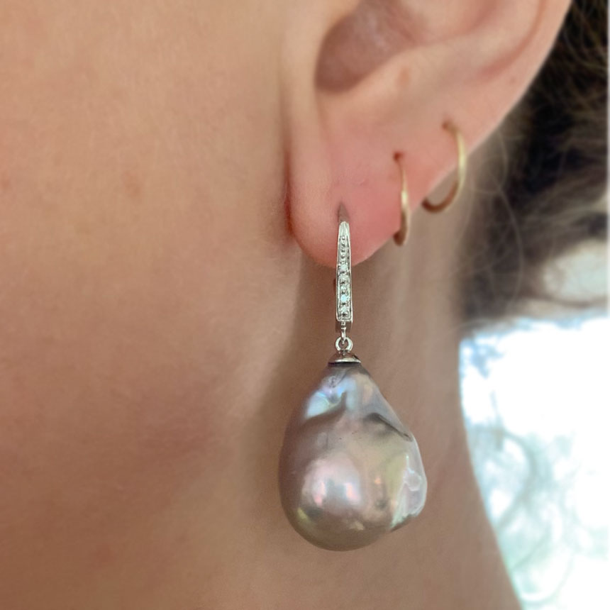 Large Grey Baroque Pearl & Diamond Earrings