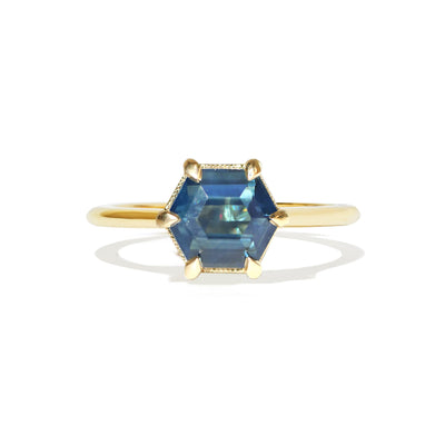 Hexagon Solitaire Teal Sapphire Ring