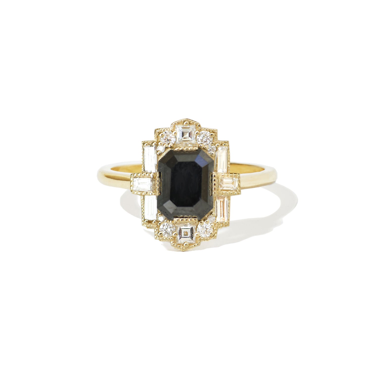 Emerald Cut Black Diamond Deco Halo Diamond Ring
