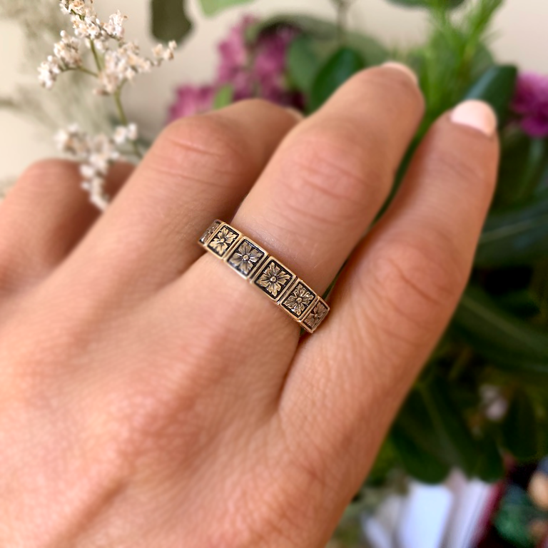 Vintage Inspired Engagement Ring 5mm Gold Notched Deco Flower Engraved Men s Wedding Ring Berlinger Jewelry Platinum 8.5