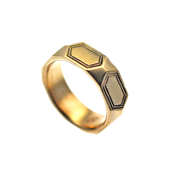 Engraved Hexagon Gold Men's Wedding Ring