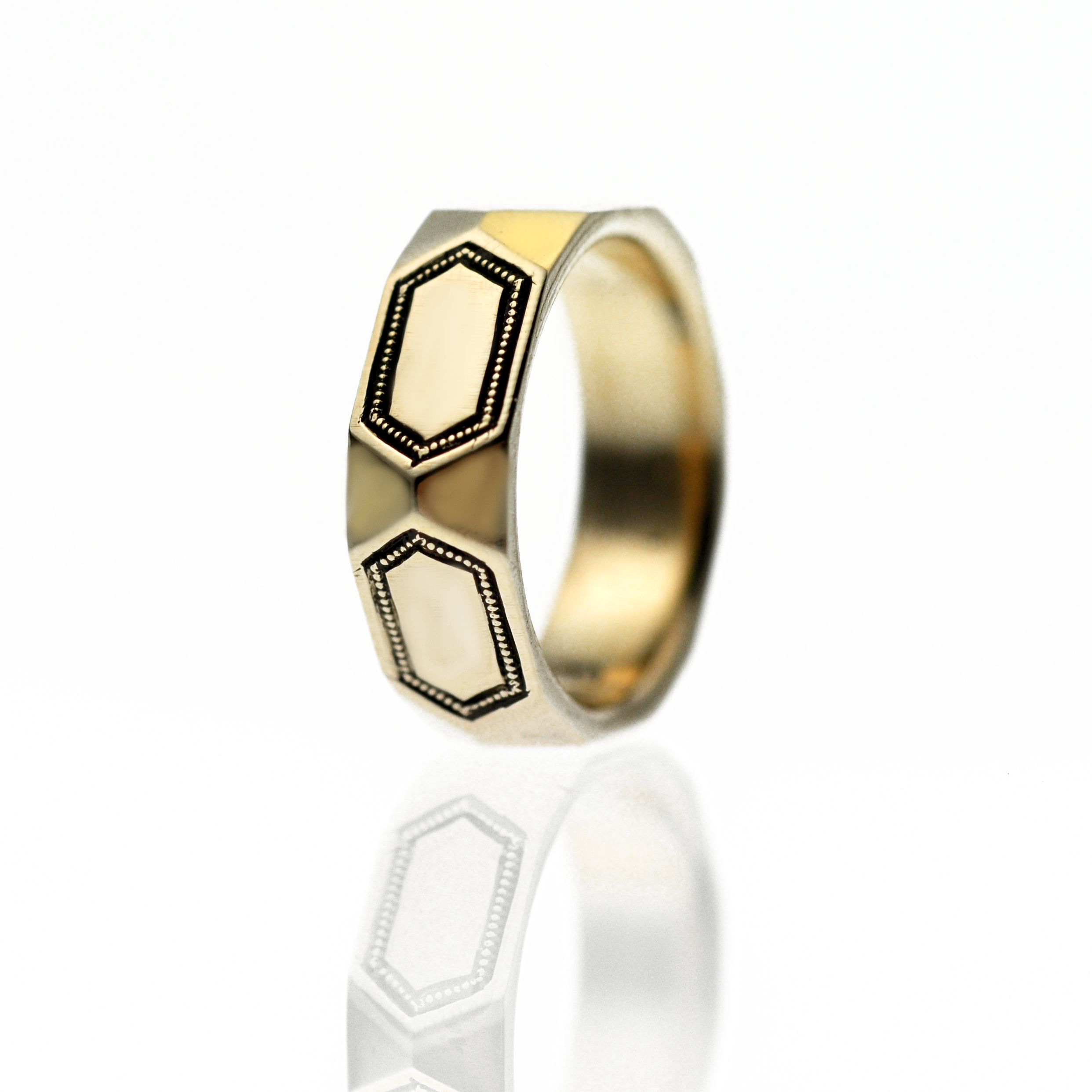 Engraved Hexagon Gold Men's Wedding Ring