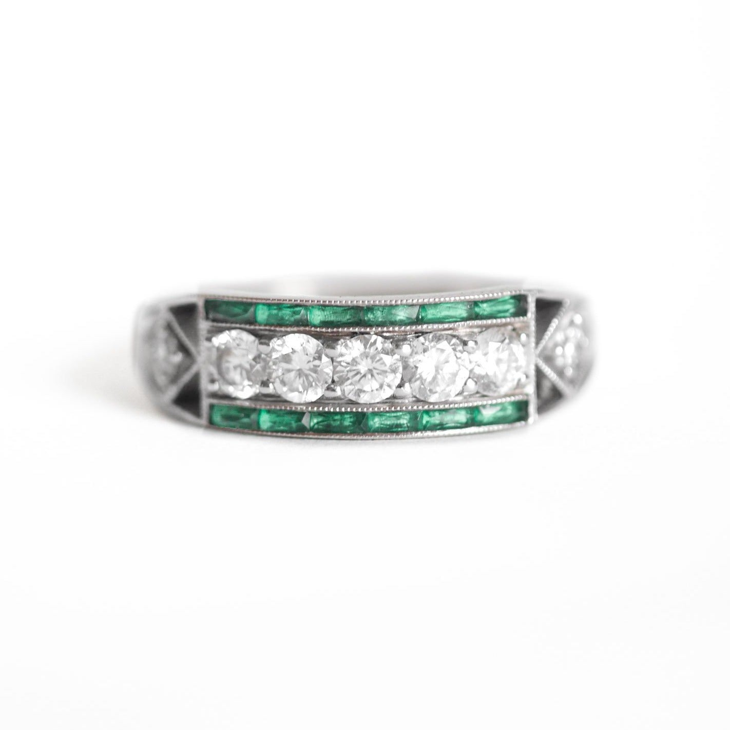 Art Deco Five Diamond Ring with French Cut Emeralds