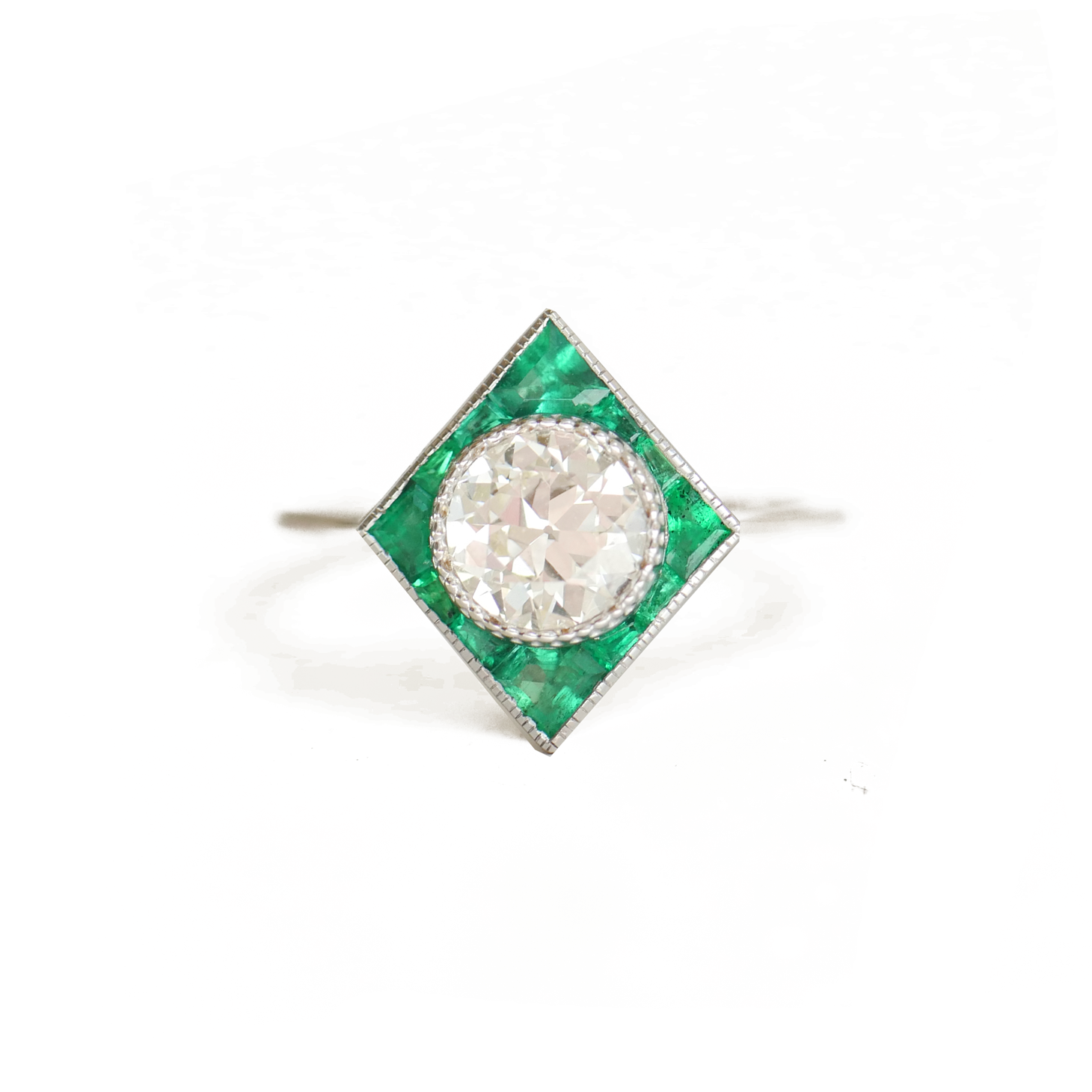 Art Deco Calibre Cut Emerald & Old European Cut Diamond Ring