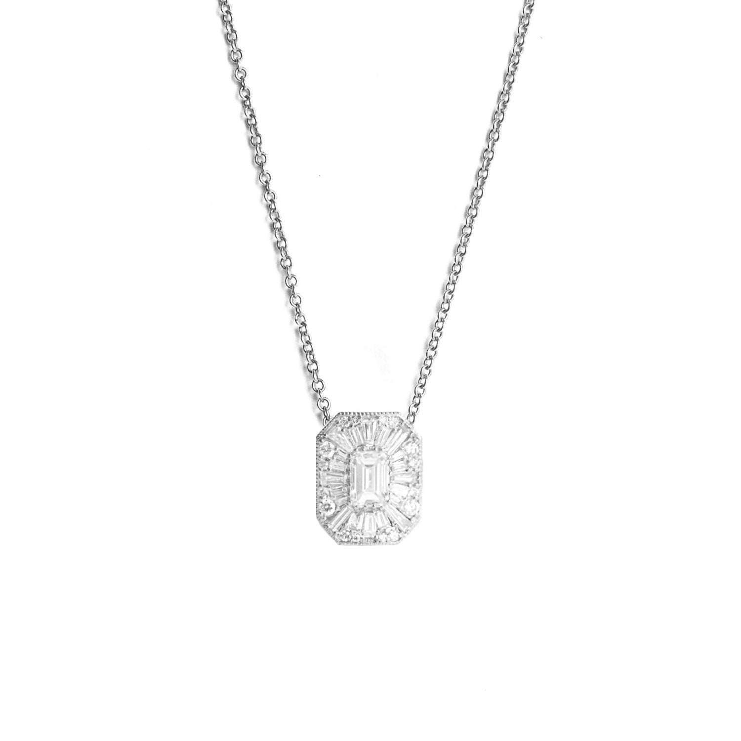 Mini prong set emerald cut diamond necklace by Lizzie Mandler | Finematter