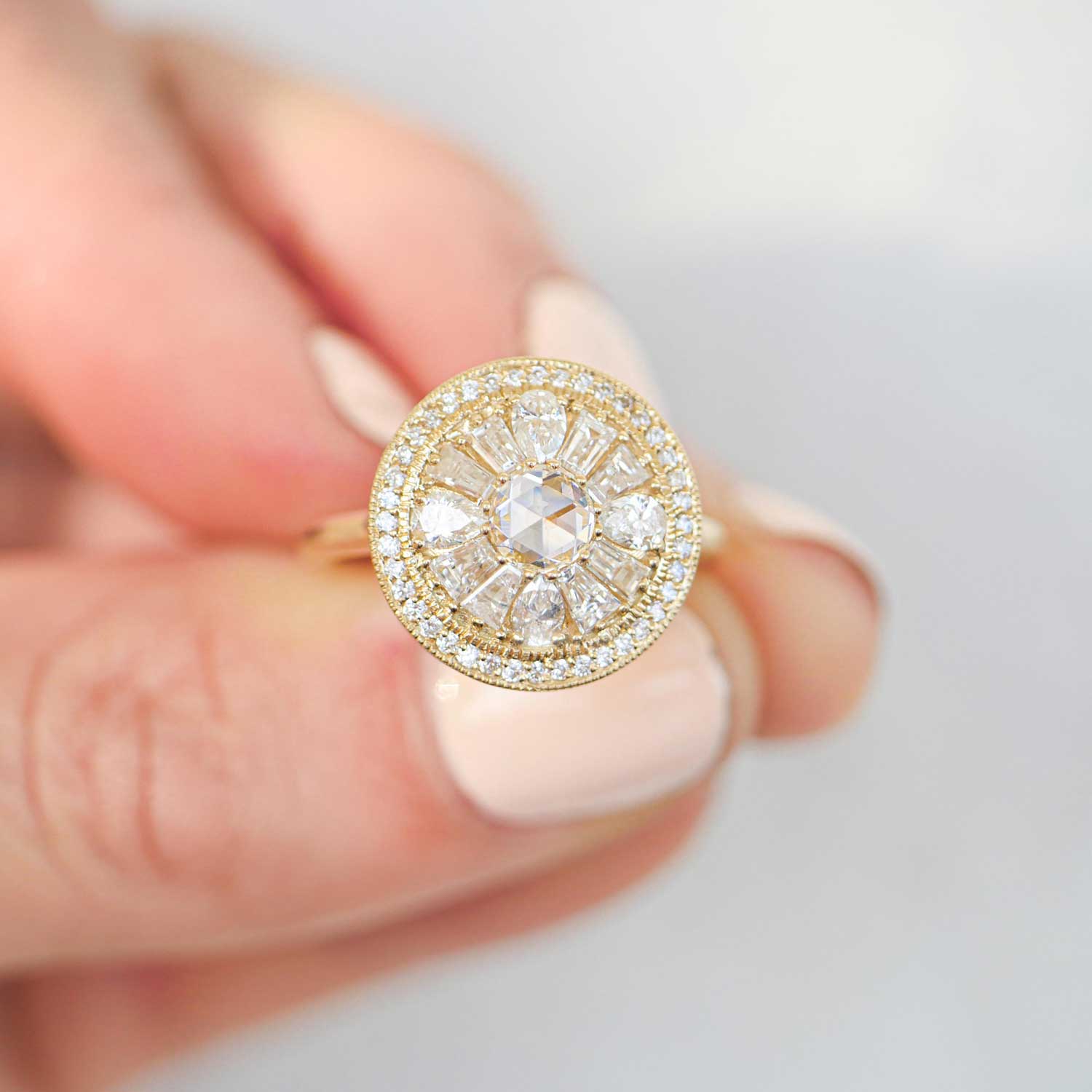 Pear & Round Rose Cut Halo Diamond Mosaic Ring