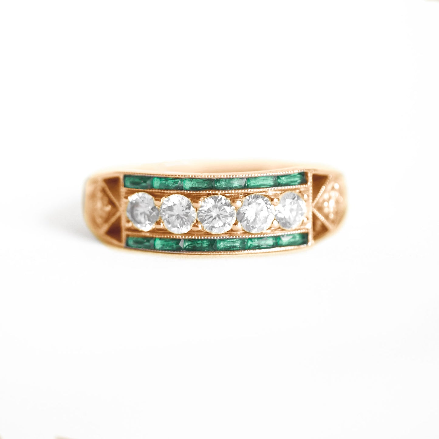 Art Deco Five Diamond Ring with French Cut Emeralds