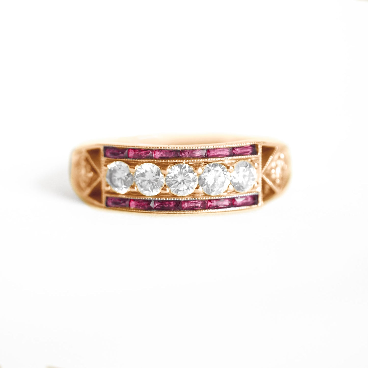 Art Deco Five Diamond Ring with French Cut Rubies