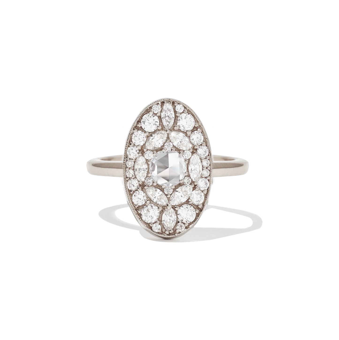 Oval Shape Marquise and Round Rose Cut Diamond Mosaic Ring