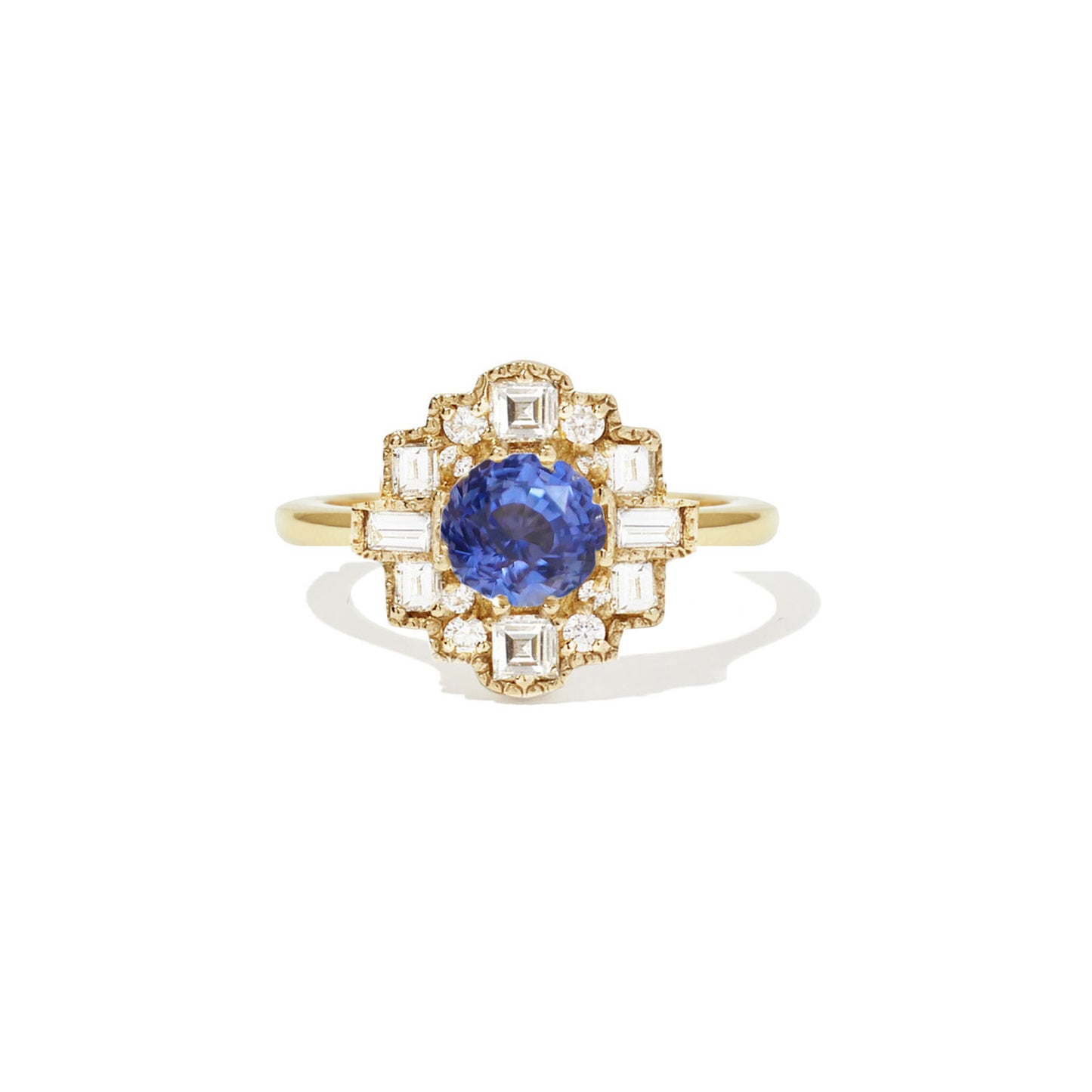 Round Blue Sapphire Deco Halo Diamond Ring