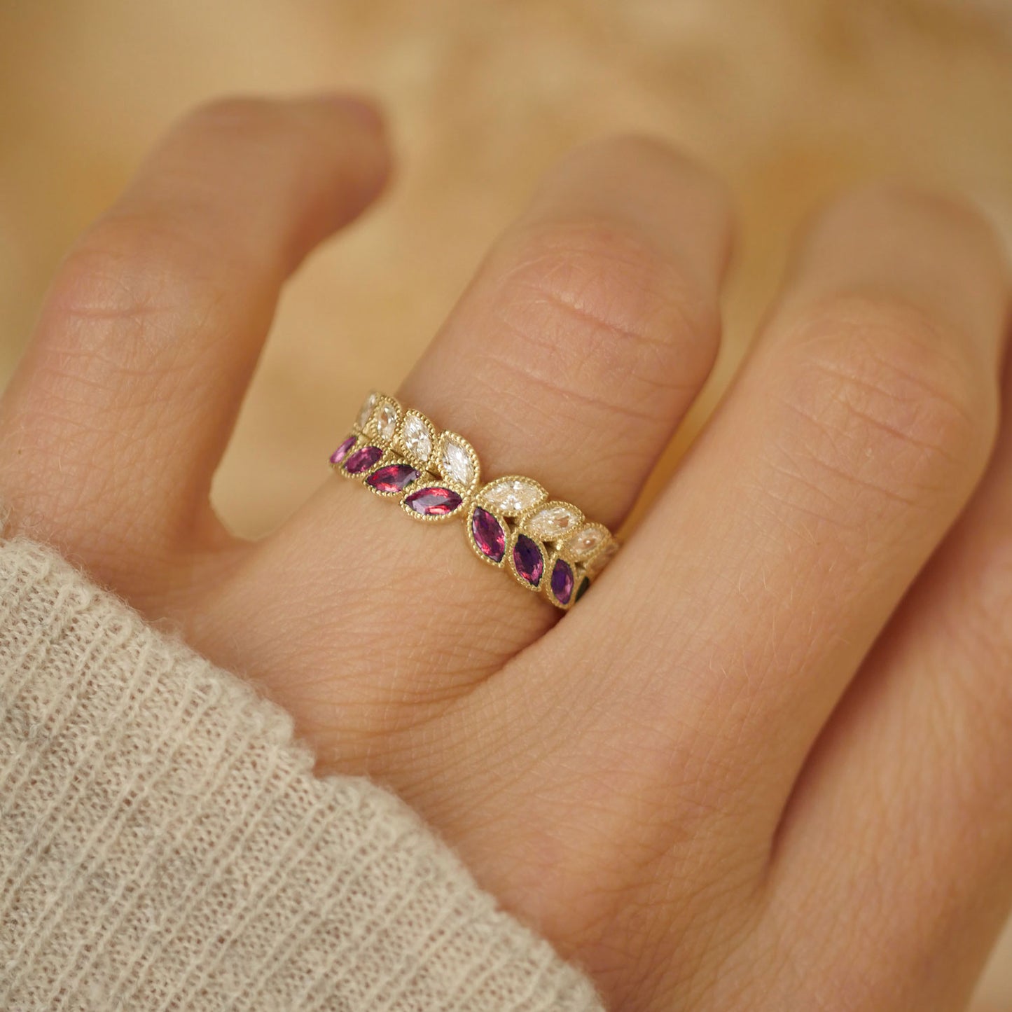 Marquise Ruby & Diamond Leaf Band Ring