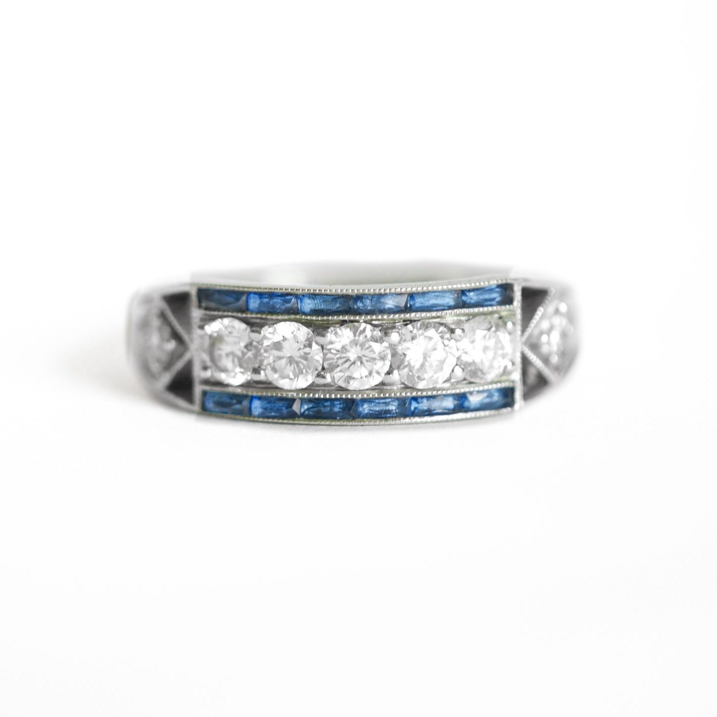 Art Deco Five Diamond Ring with French Cut Sapphires