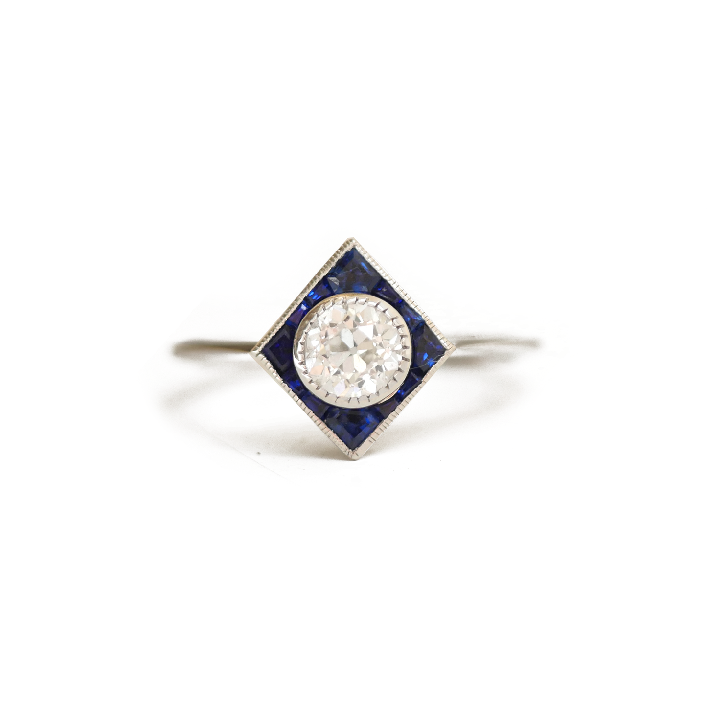 Art Deco Calibre Cut Sapphire & Old European Cut Diamond Ring