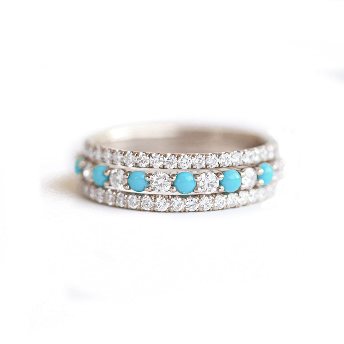 2mm Turquoise & Diamond Shared Prong Stacking Ring Set