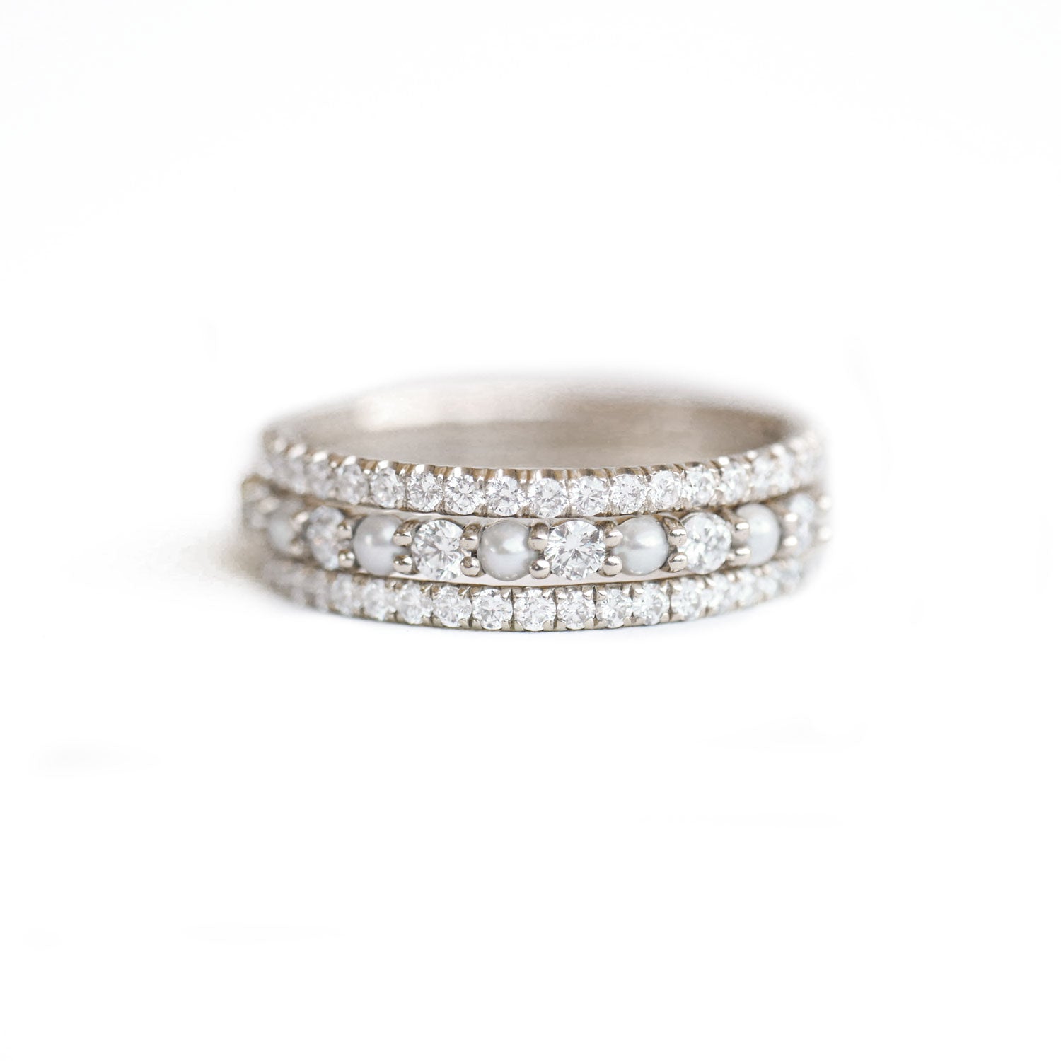 2mm Pearl & Diamond Delicate Stacking Ring Set | Berlinger