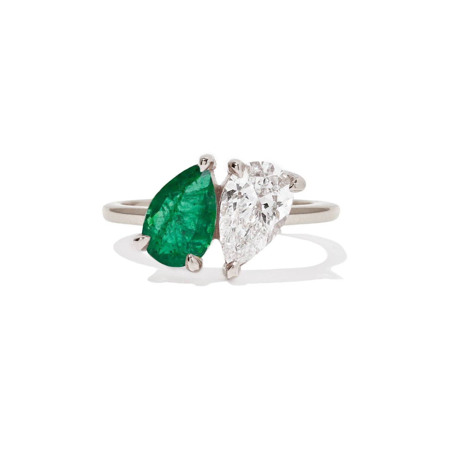 The Gemini, Toi et Moi 6 ctw Elongated Green-emerald and Pear-shaped Ring