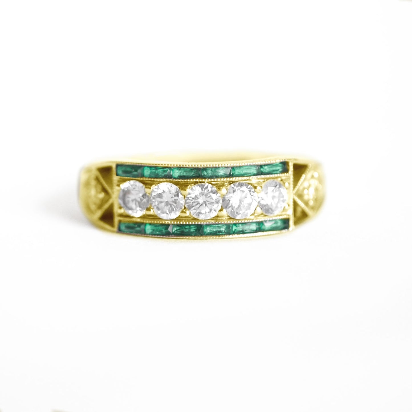 Art Deco Five Diamond Ring with French Cut Emeralds