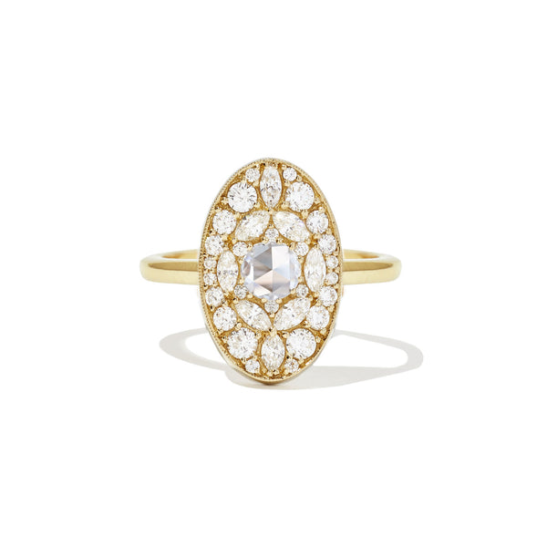 Oval Shape Marquise and Round Rose Cut Diamond Mosaic Ring