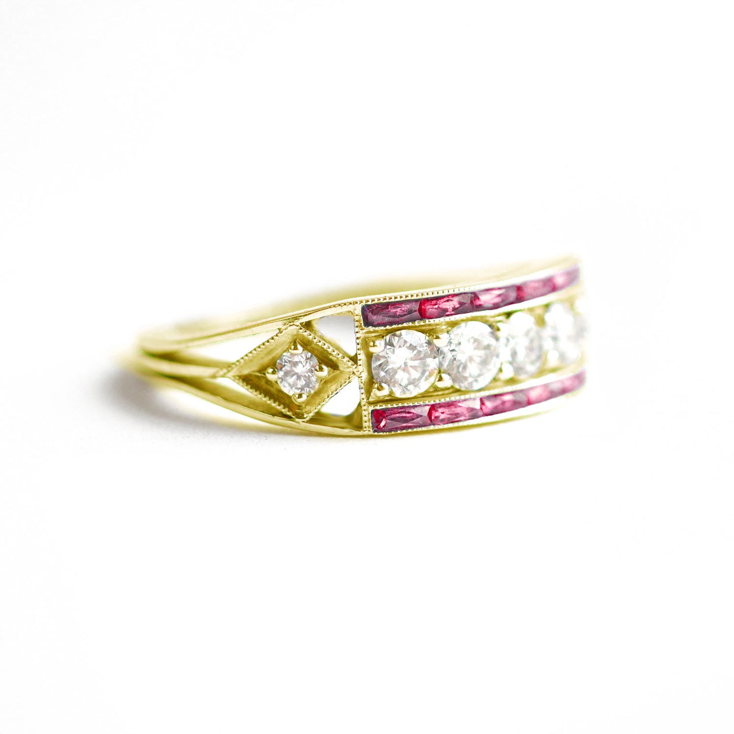 Art Deco Five Diamond Ring with French Cut Rubies