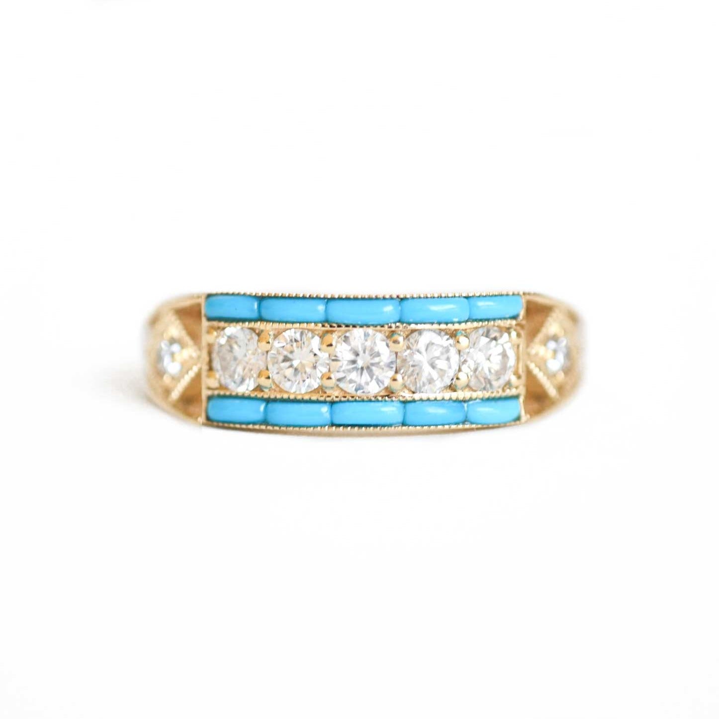 Art Deco Five Diamond Ring with Turquoise
